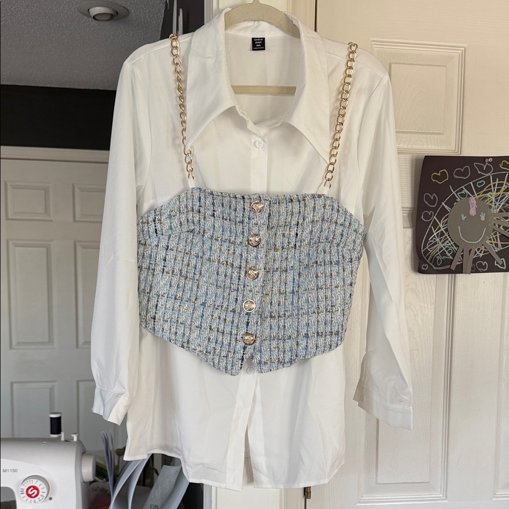 SHEIN White Button-Down Shirt with Light Blue Tweed Corset